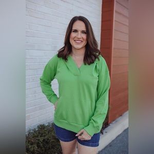 Abela Story + Co Reset V Neck Hooded Pullover Sweatshirt Top Lime Green Size XL